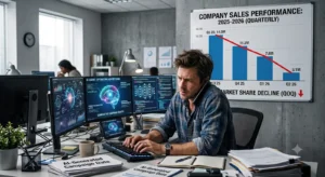 productivity gap shown by image of a stressed worker being incredibly efficient but a graph in the background shows that sales at the company are shrinking