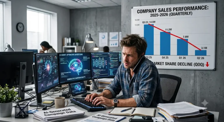productivity gap shown by image of a stressed worker being incredibly efficient but a graph in the background shows that sales at the company are shrinking