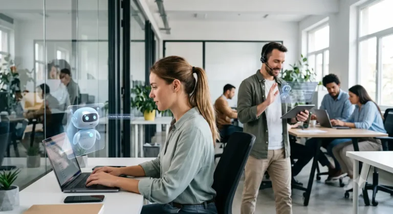 busy office with woman at desk using AI bot and man walking with tablet also using AI bot