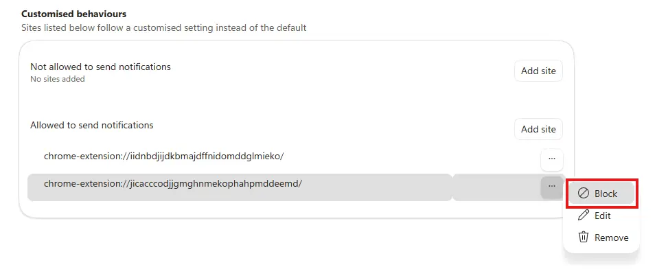 lock website in edge notification settings