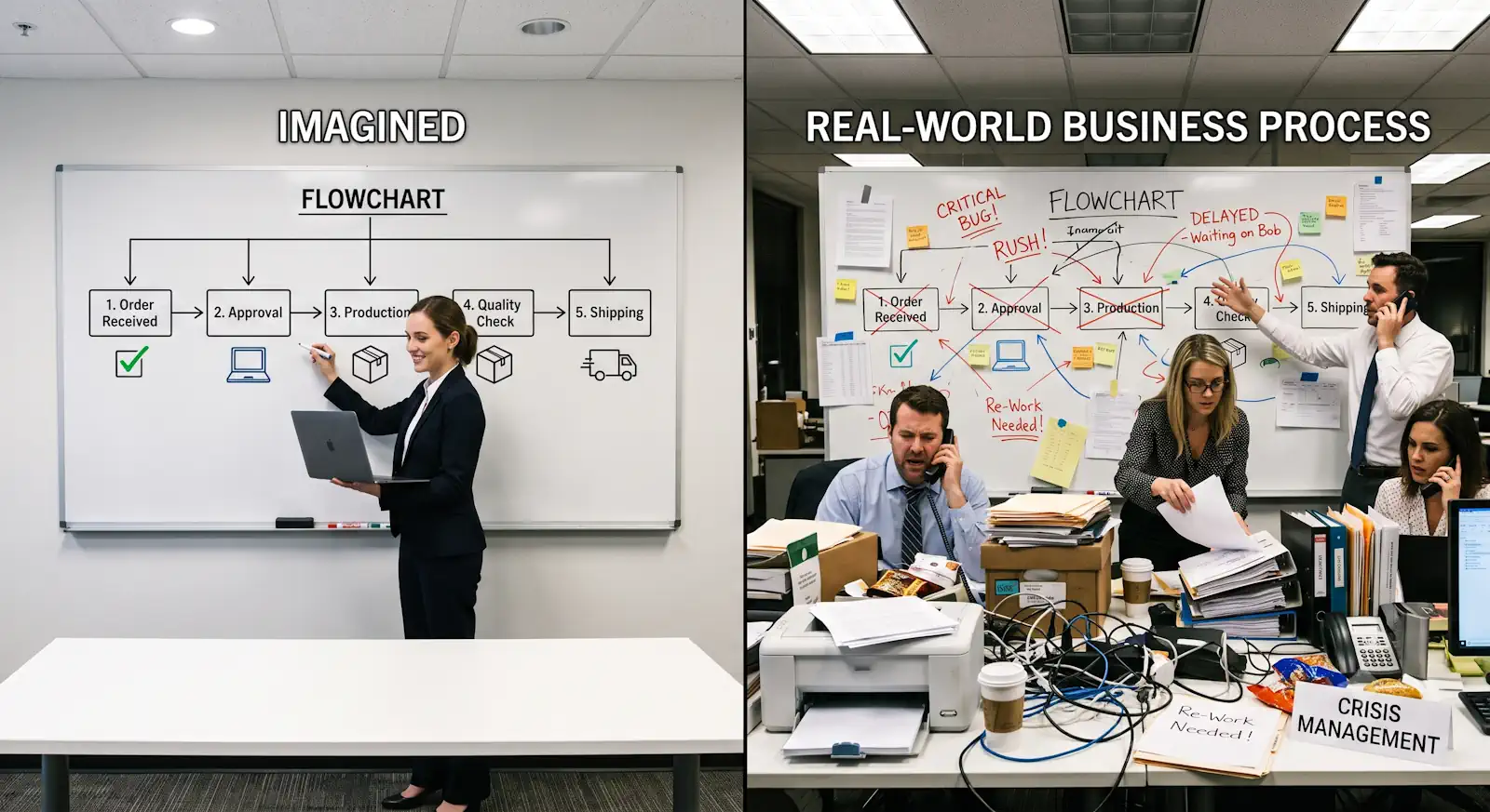 image that shows how real-world business processes are never quite as neat as when they're imagined