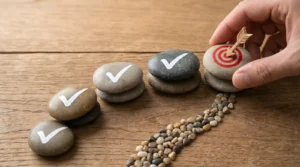 Change management concept with wooden blocks representing ideas, learning, strategy