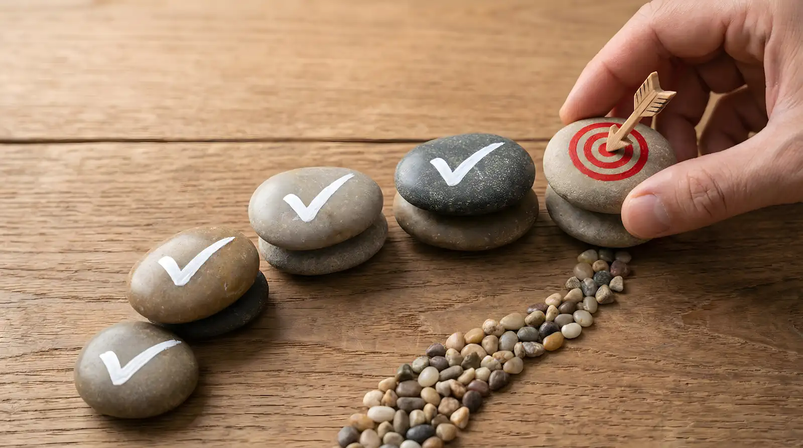 Change management concept with wooden blocks representing ideas, learning, strategy