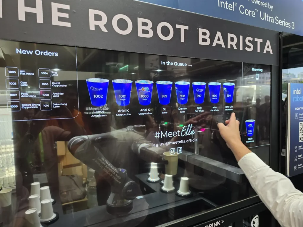 Ella, the Robot Barista, robotic arm at work at Computex 2026