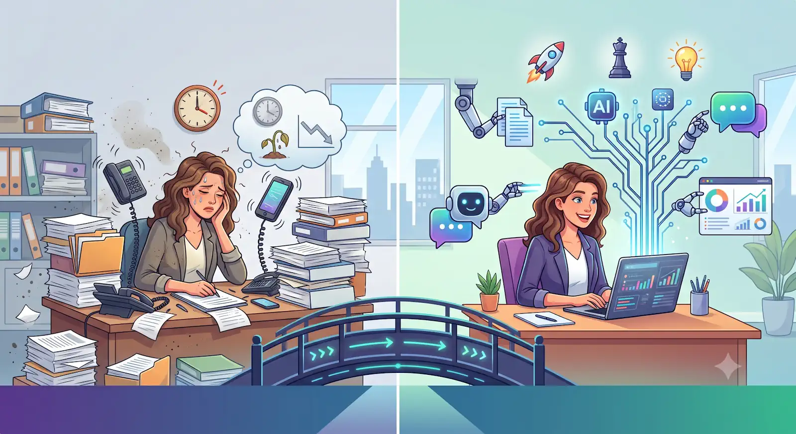 delegate tasks to ai shown by harried business woman on left and efficient woman on right being helped by AI bots