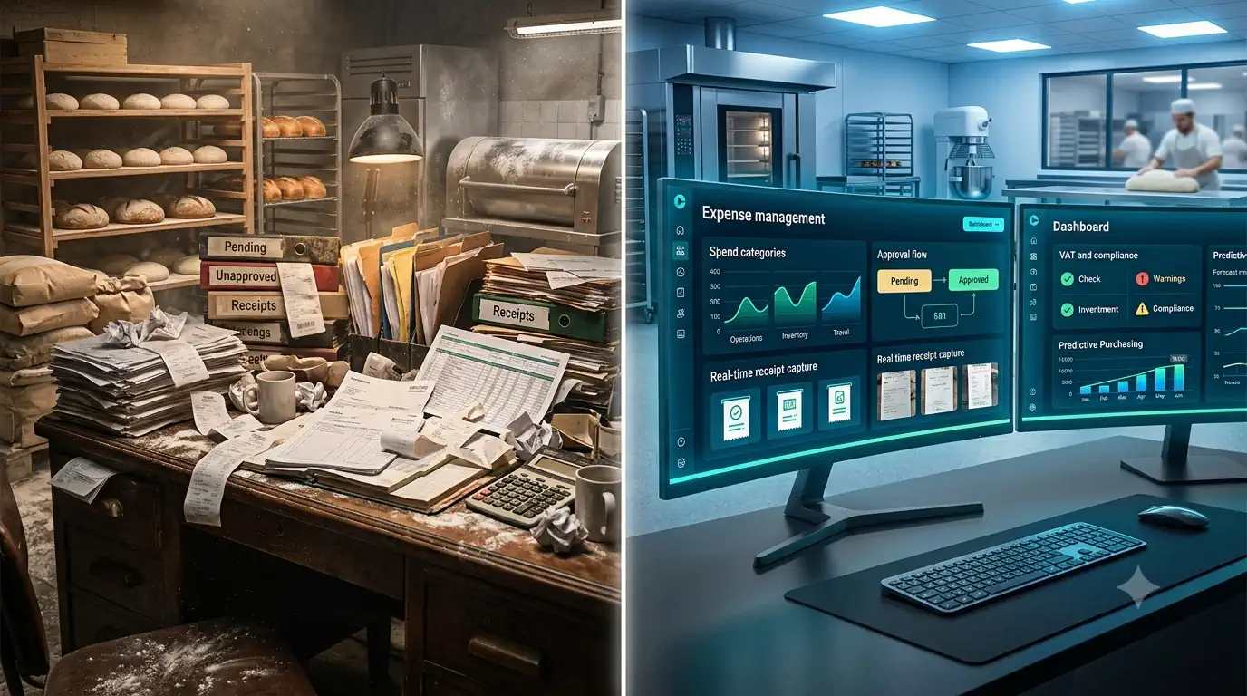 expense management shown by split image of bakery with boxes full of expenses and one with digital expense management software