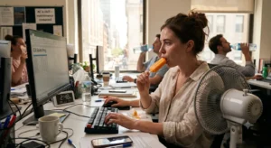 office worker eating an ice lolly whilst working at their desk in hot conditions