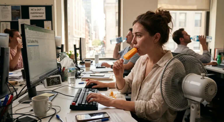 office worker eating an ice lolly whilst working at their desk in hot conditions