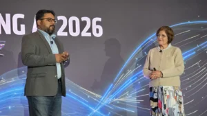 AMD's Soni Jiandani (right) on stage at AMD Advancing AI 2026 with Raj Subramaniyan (left) from Oracle Cloud Infrastructure (image: TechFinitive)
