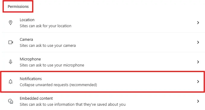 permissions and notification section in chrome