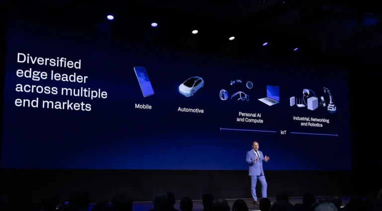 Qualcomm CEO Cristiano Amon on stage at its recent Investment Day