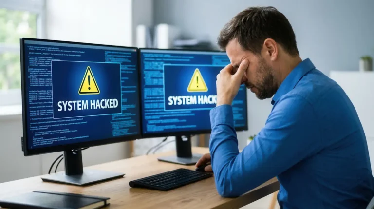 A frustrated man experiences a ransomware cyber attack with personal files encrypted on his screens