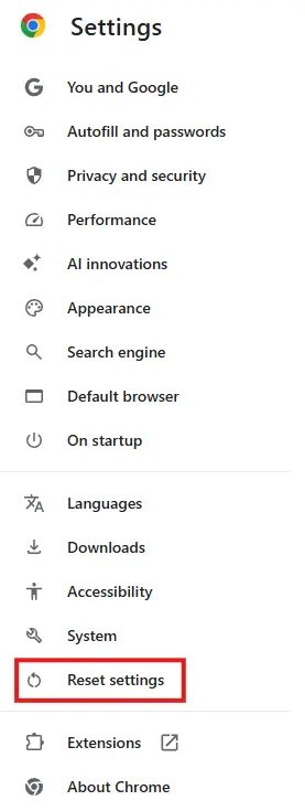 reset settings in chrome settings