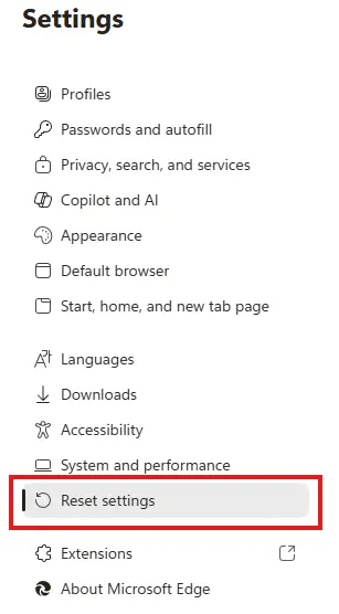 reset settings in edge