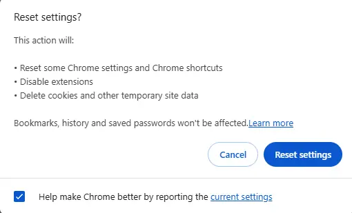 reset warning in Google chrome