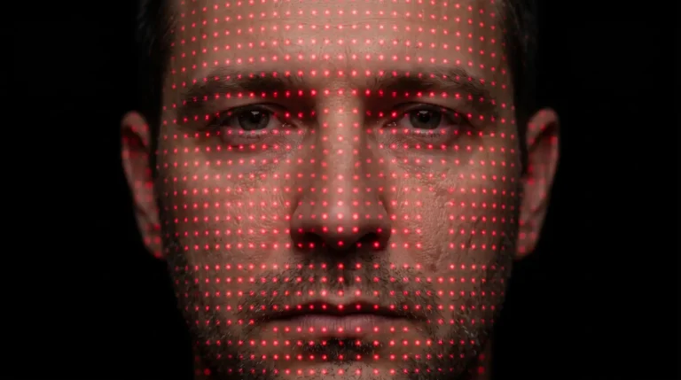 man staring into camera with red dots all over his face