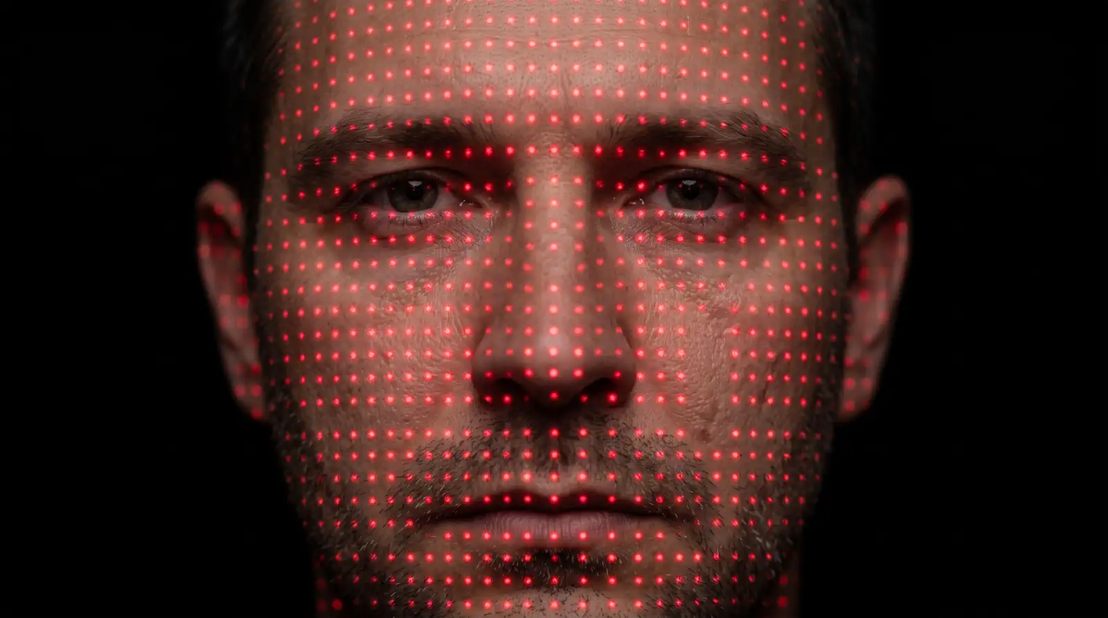 man staring into camera with red dots all over his face