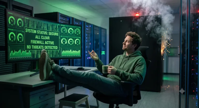 relaxed IT admin sitting in front of a screen full of green dials saying everything is safe while a server is emitting smoke in the background