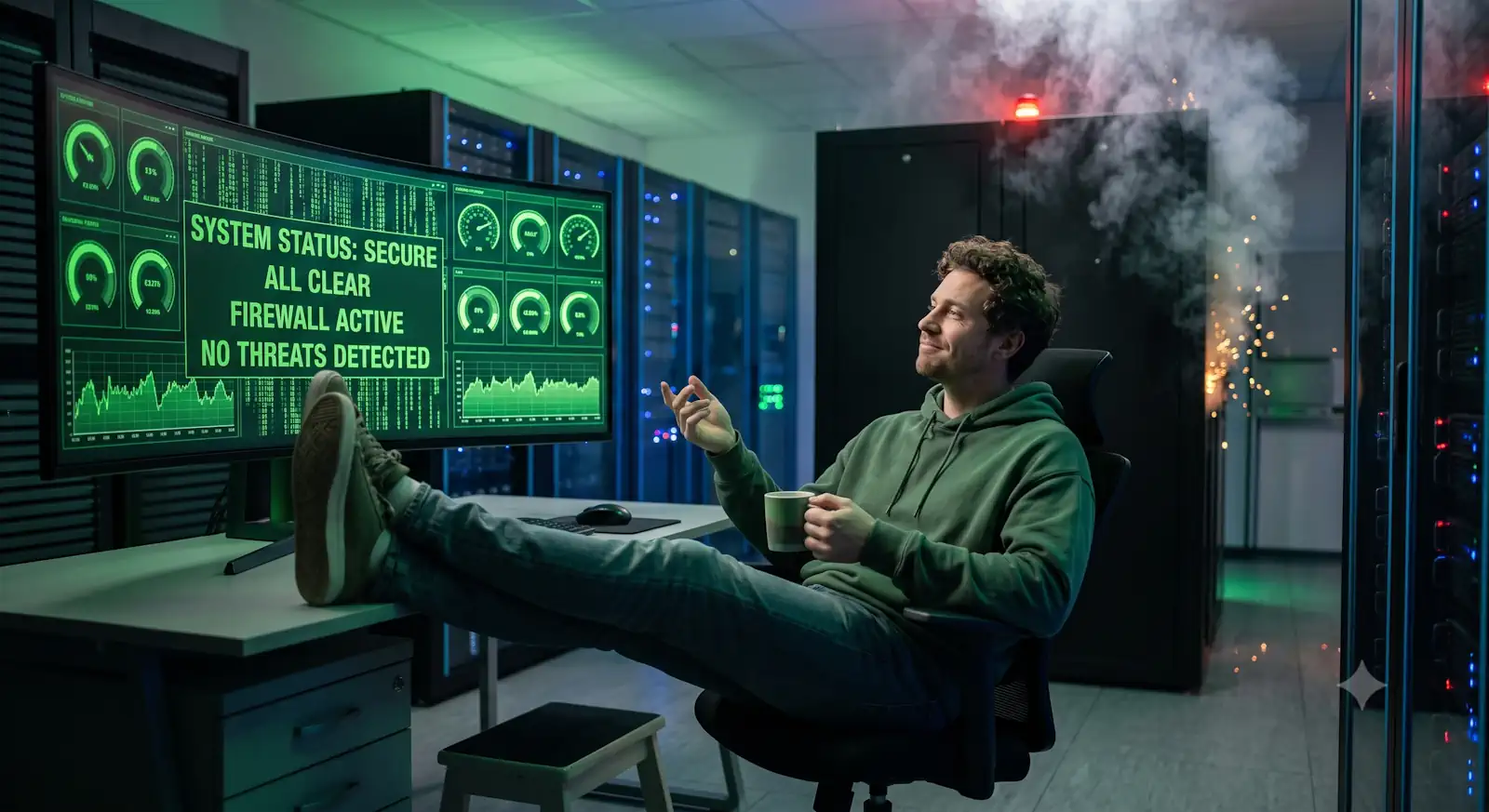 relaxed IT admin sitting in front of a screen full of green dials saying everything is safe while a server is emitting smoke in the background