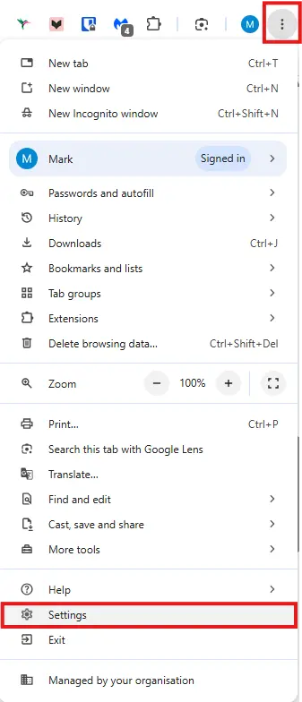 settings in chrome