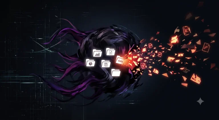 shadow ai dangers illo of dark blob taking folders and leaking them onto the web