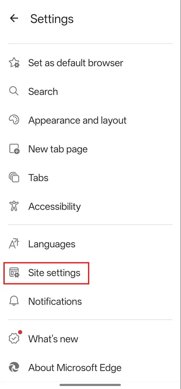 site settings in Edge on Android