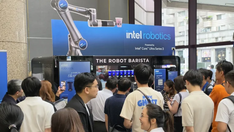 Crowds gathering round The Robot Barista at Computex 2026