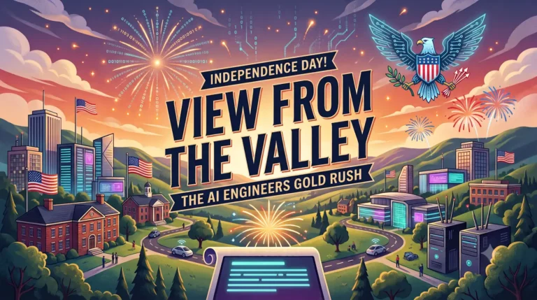 view from the valley 2026 intro graphic: background of silicon valley, fireworks made up of 0s and 1s