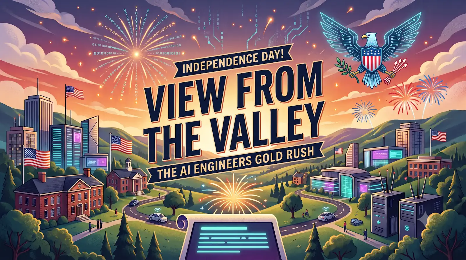 view from the valley 2026 intro graphic: background of silicon valley, fireworks made up of 0s and 1s