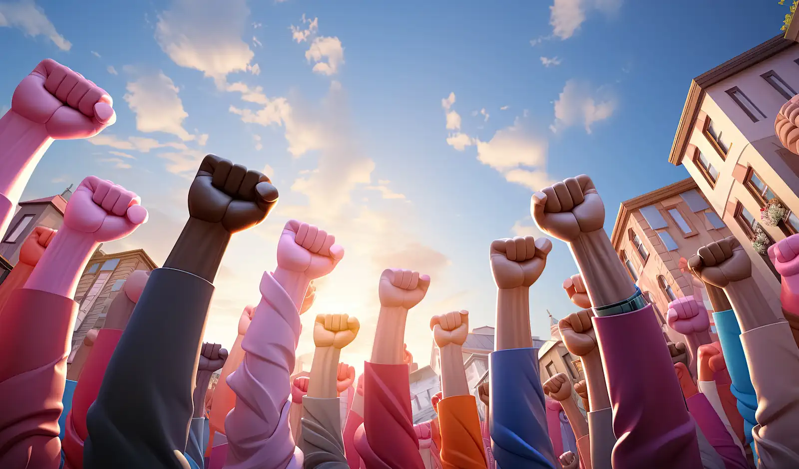 raised hands in protest against blue sky