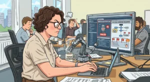 n image to show the concept of botsitting - where humans have to fix the mistakes made by AI - woman sitting at desk angrily fixing code