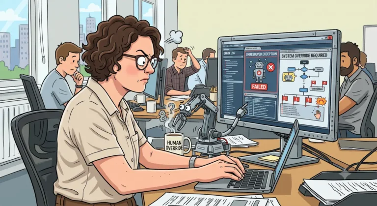 n image to show the concept of botsitting - where humans have to fix the mistakes made by AI - woman sitting at desk angrily fixing code