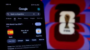 FIFA World Cup 2026 final match between Spain and Argentina displayed on a smartphone screen.
