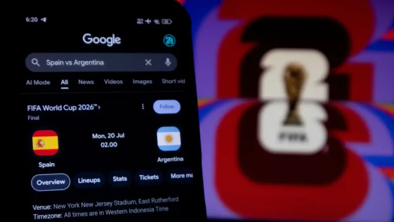 FIFA World Cup 2026 final match between Spain and Argentina displayed on a smartphone screen.