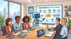 cartoon that shows AI teaching managers how to use AI