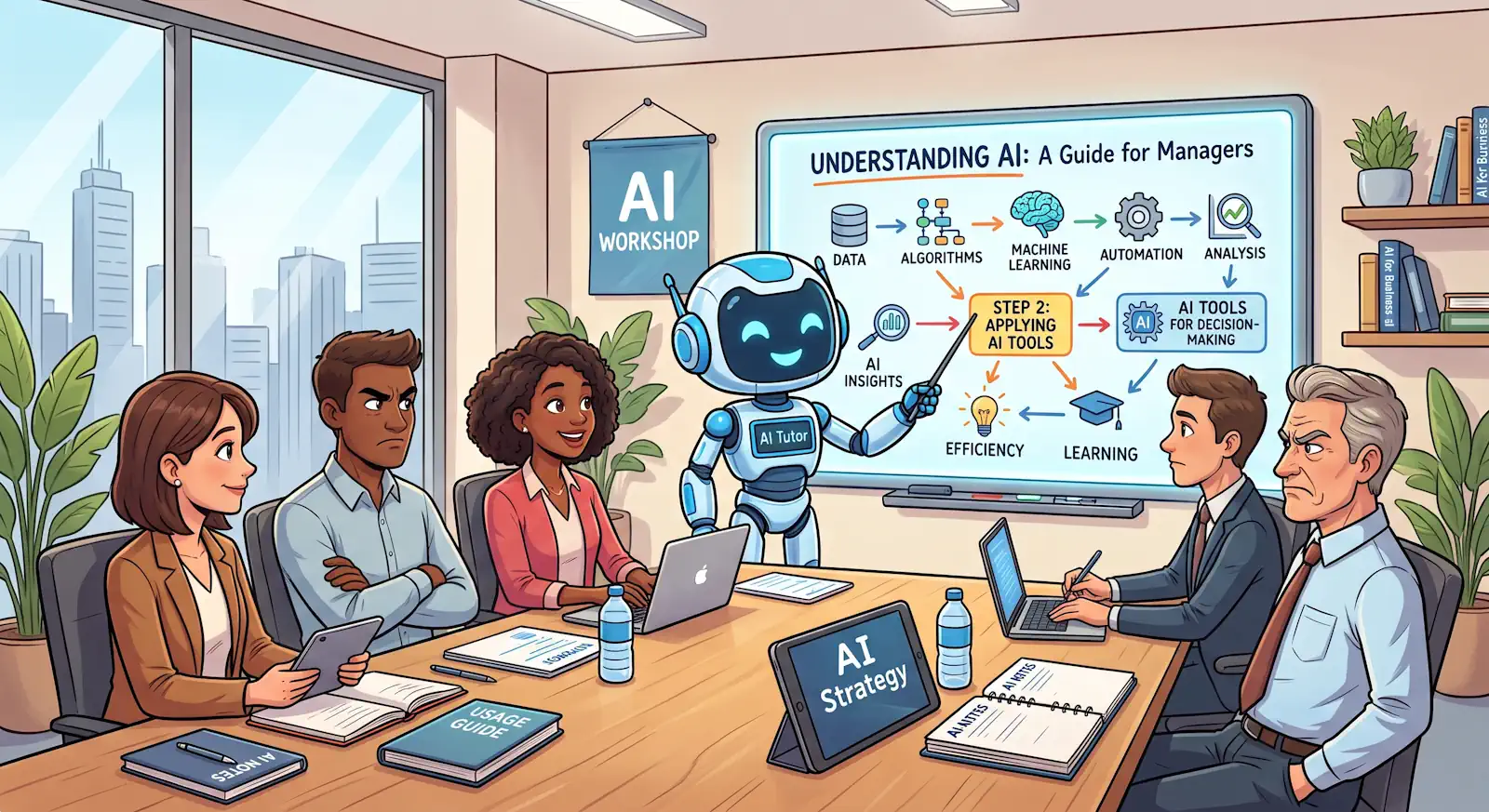 cartoon that shows AI teaching managers how to use AI