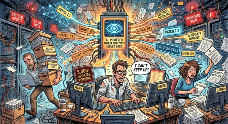 AI security updates struggle shown by cartoon of IT managers struggling with load