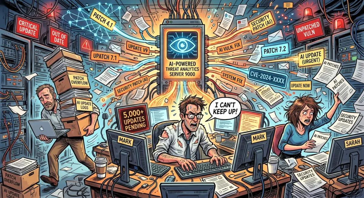 AI security updates struggle shown by cartoon of IT managers struggling with load