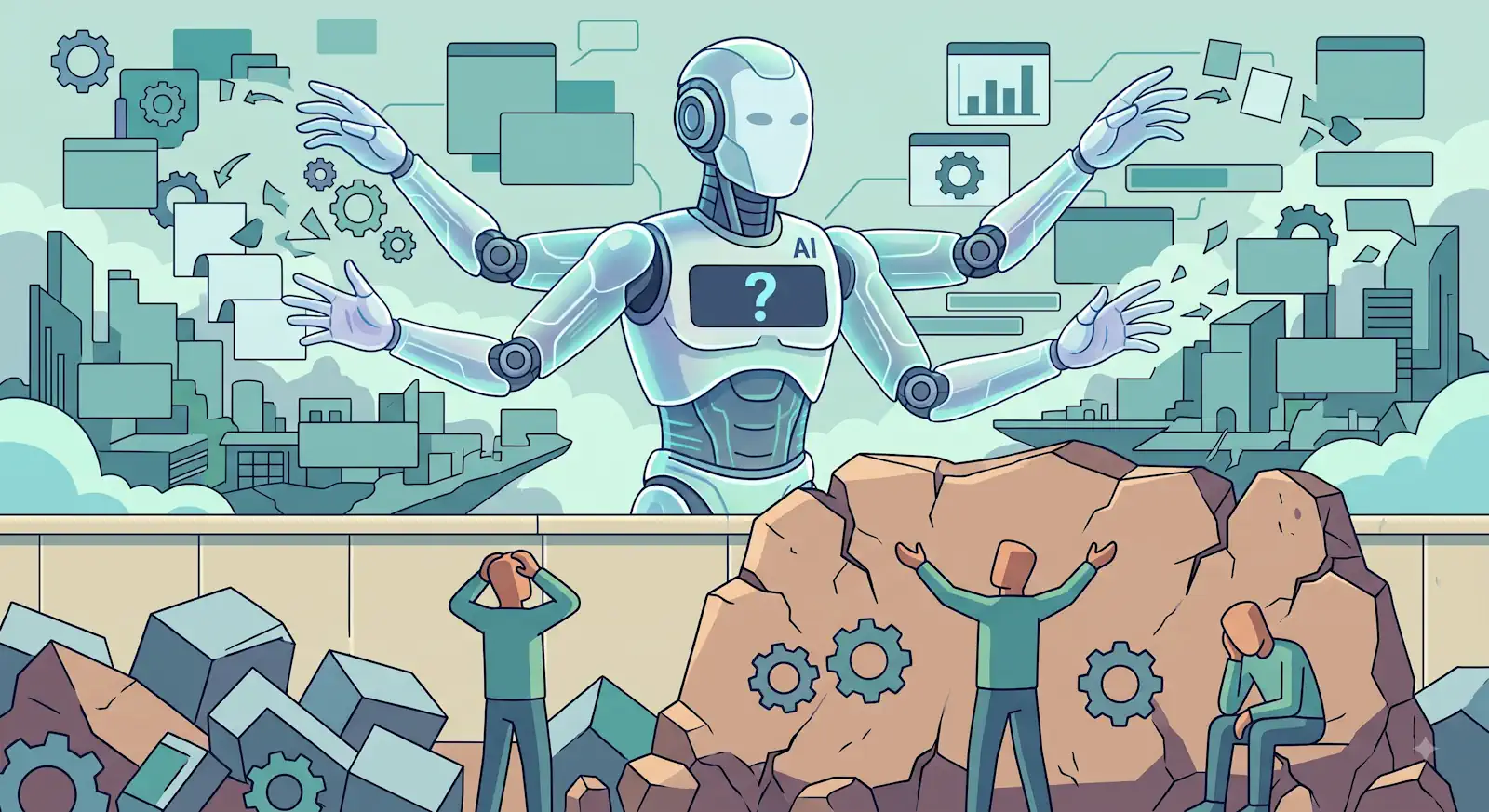 a single, busy AI robot making changes in isolation, with the resulting confusion and mess clearly visible below.