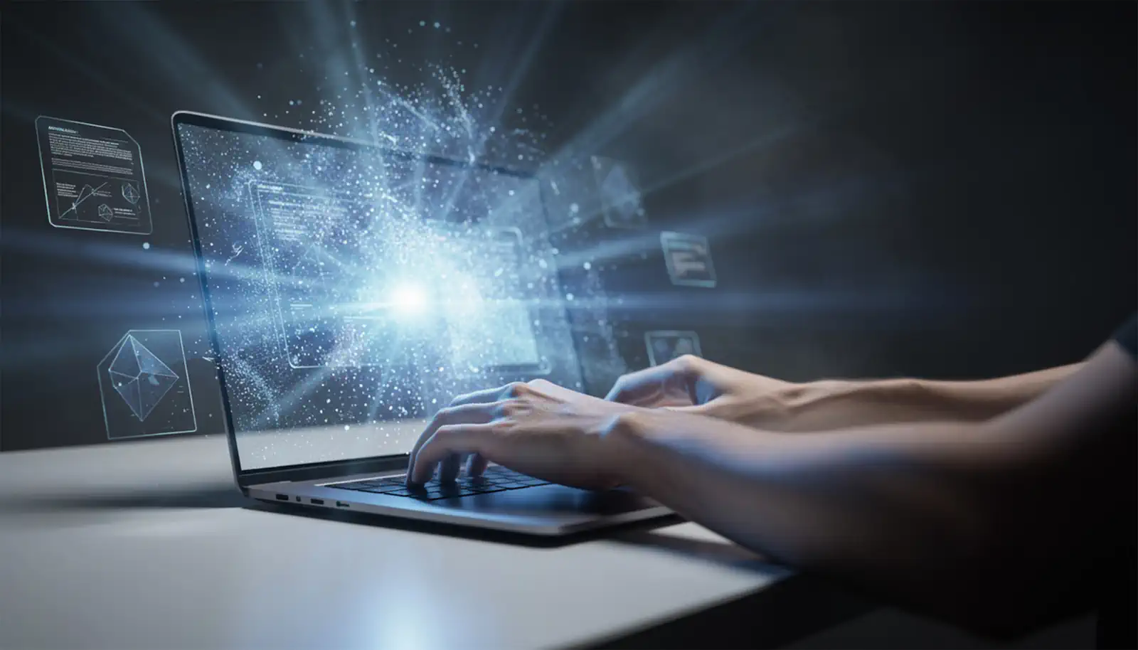 AI PC shown by man using laptop with light emitting in all directions