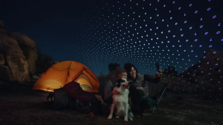 Amazon Leo launch shown by woman and child camping with access to internet