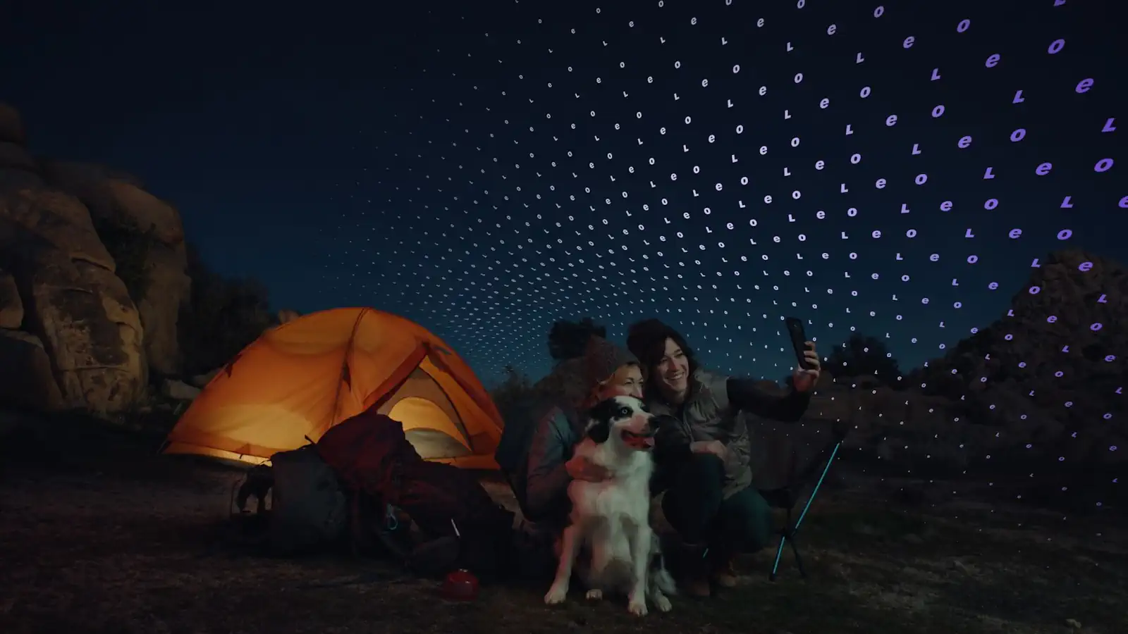 Amazon Leo launch shown by woman and child camping with access to internet