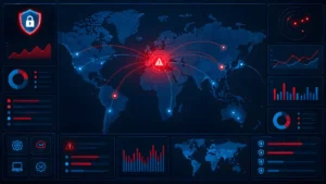Global cyber security threat map showing spreading digital network attacks and data breaches across continents with real-time analytics