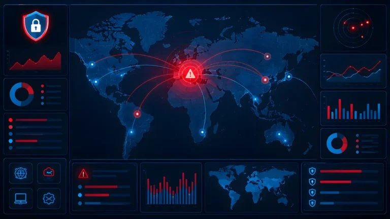 Global cyber security threat map showing spreading digital network attacks and data breaches across continents with real-time analytics