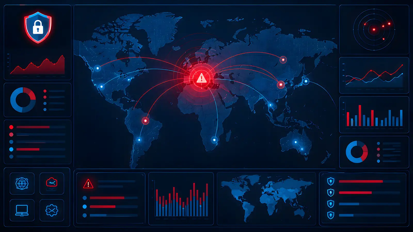 Global cyber security threat map showing spreading digital network attacks and data breaches across continents with real-time analytics