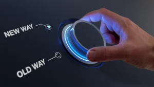 Digital transformation concept: Hand turning knob with choice between old way and new way