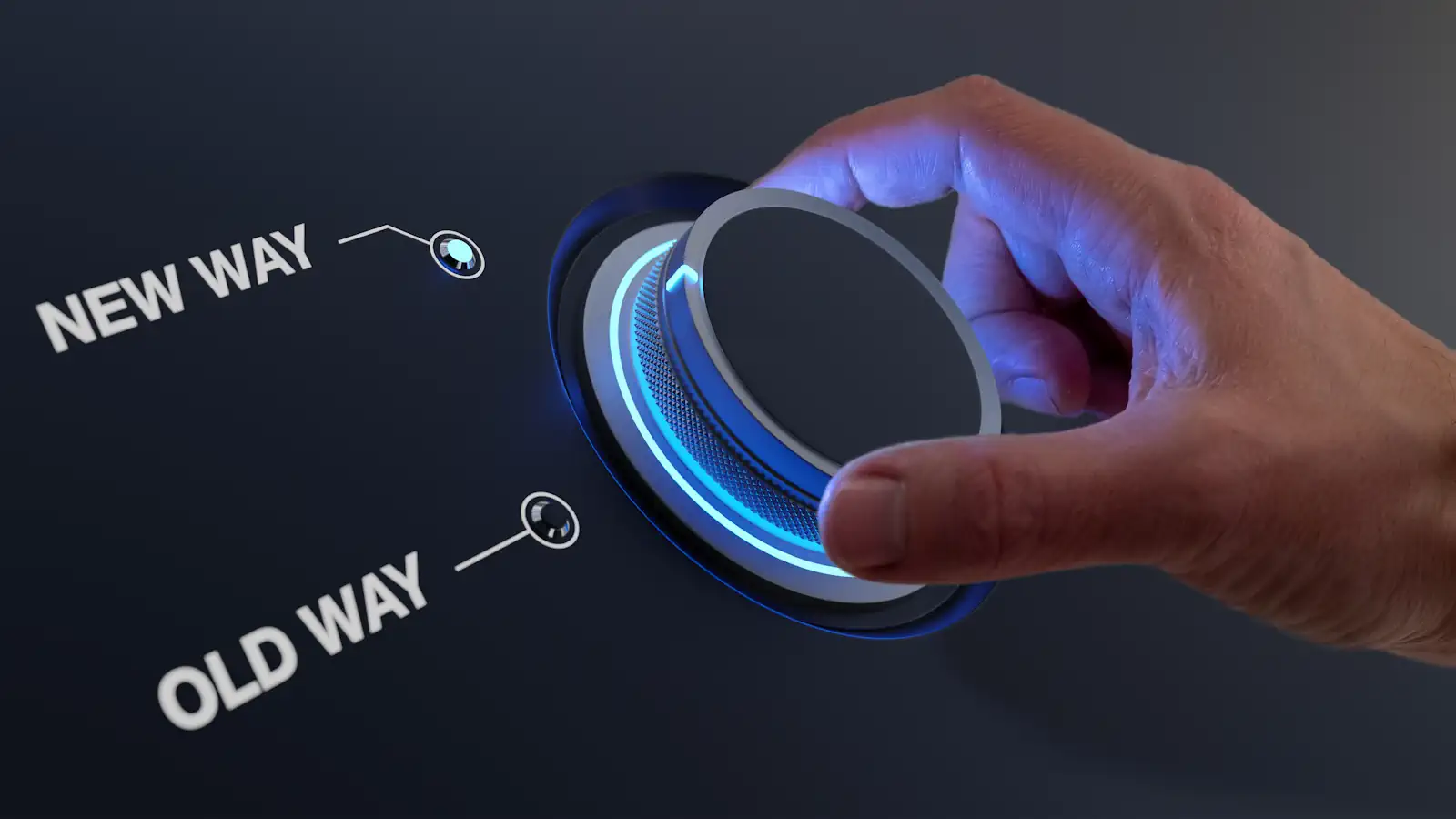 Digital transformation concept: Hand turning knob with choice between old way and new way