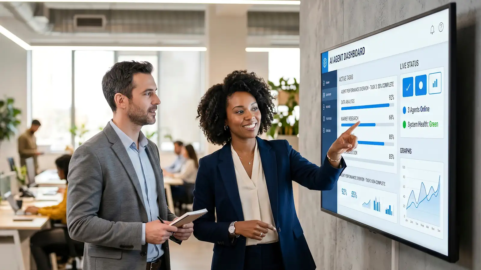 Enterprise AI benchmarks shown by businesspeople in front of large display with AI dashboard