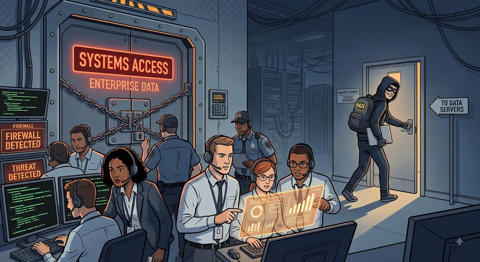 illustration of it teams guarding a big door marked whilst a ransomware attacker gains access through a much smaller door in the background