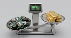 Scales with memory on one side and bars of gold on the other - memory is more precious
